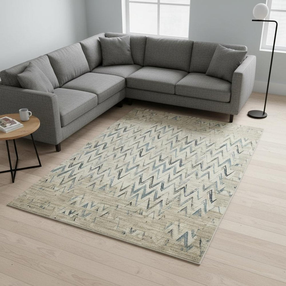 8' X 11' Ivory And Blue Chevron Area Rug