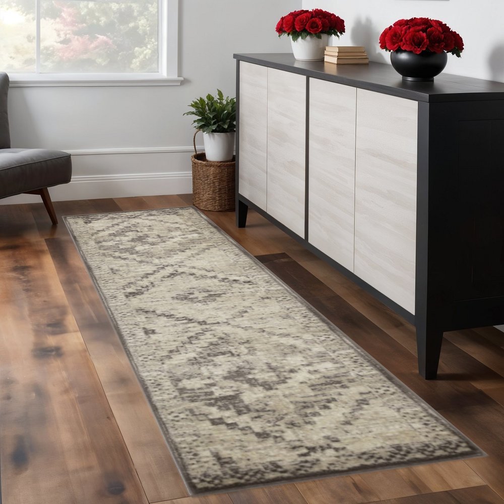 8' Gray And Brown Abstract Runner Rug