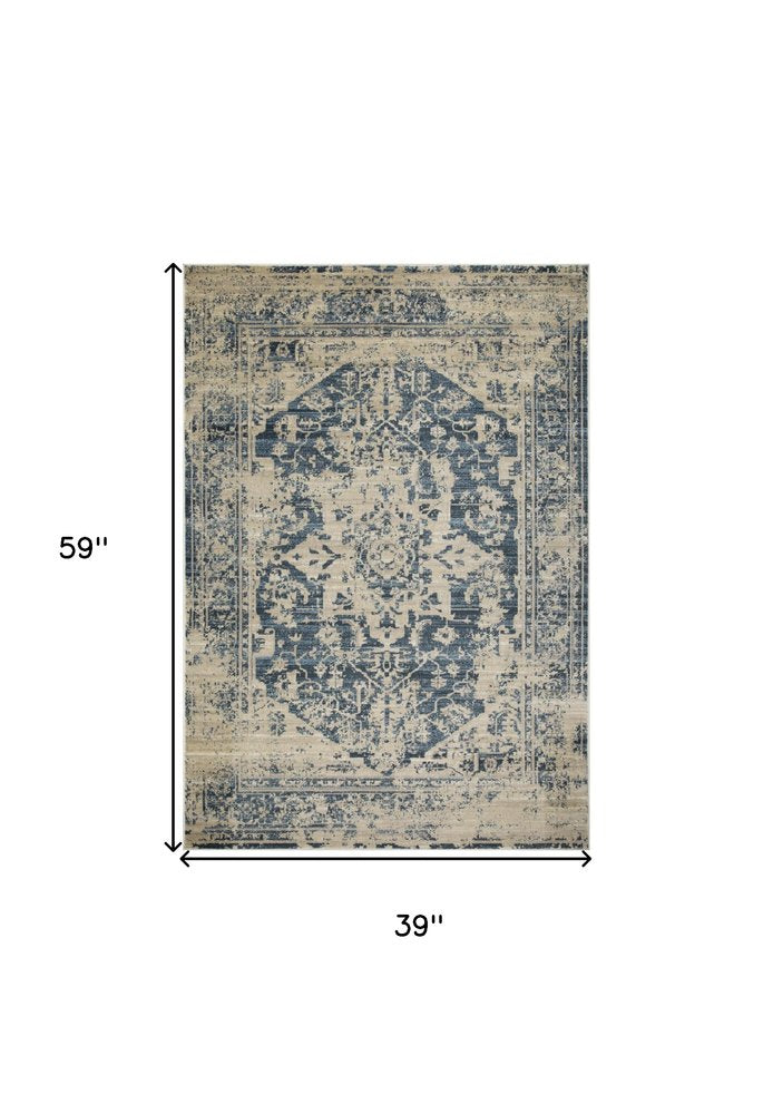 3' X 5' Ivory And Blue Oriental Area Rug