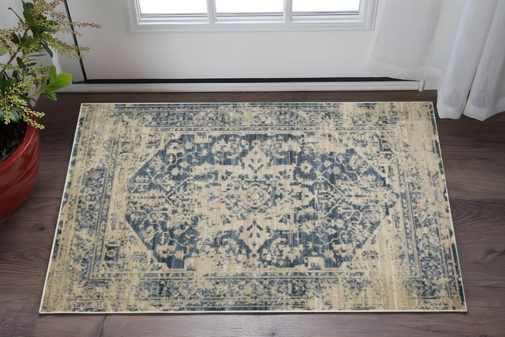 3' X 5' Ivory And Blue Oriental Area Rug