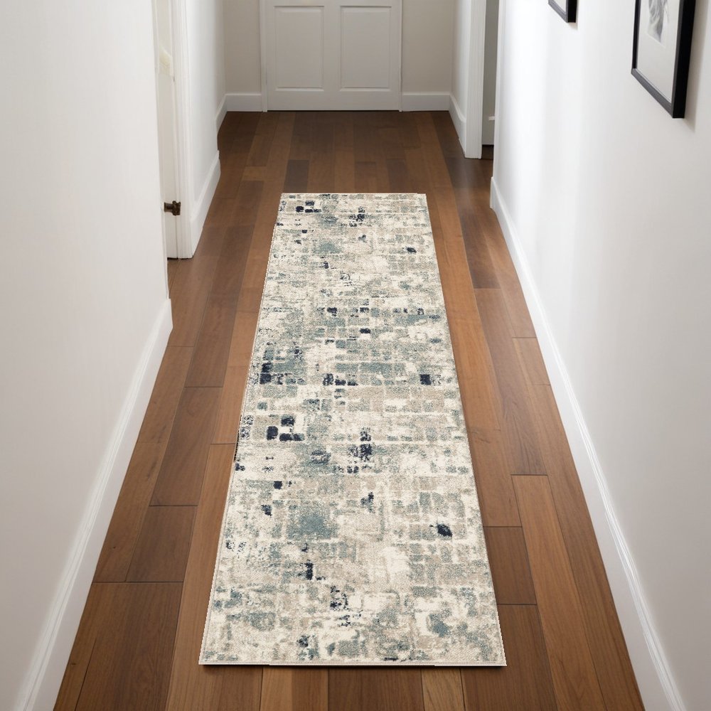 8' Blue And Beige Abstract Runner Rug