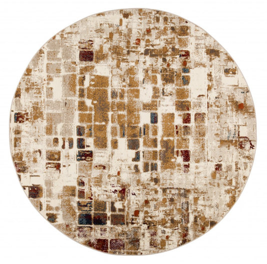 8' Natural And Brown Abstract Distressed Round Rug