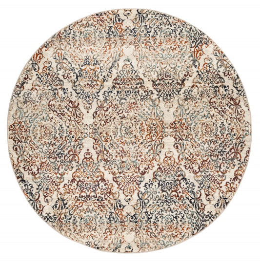 8' Ivory Rust And Green Oriental Round Rug