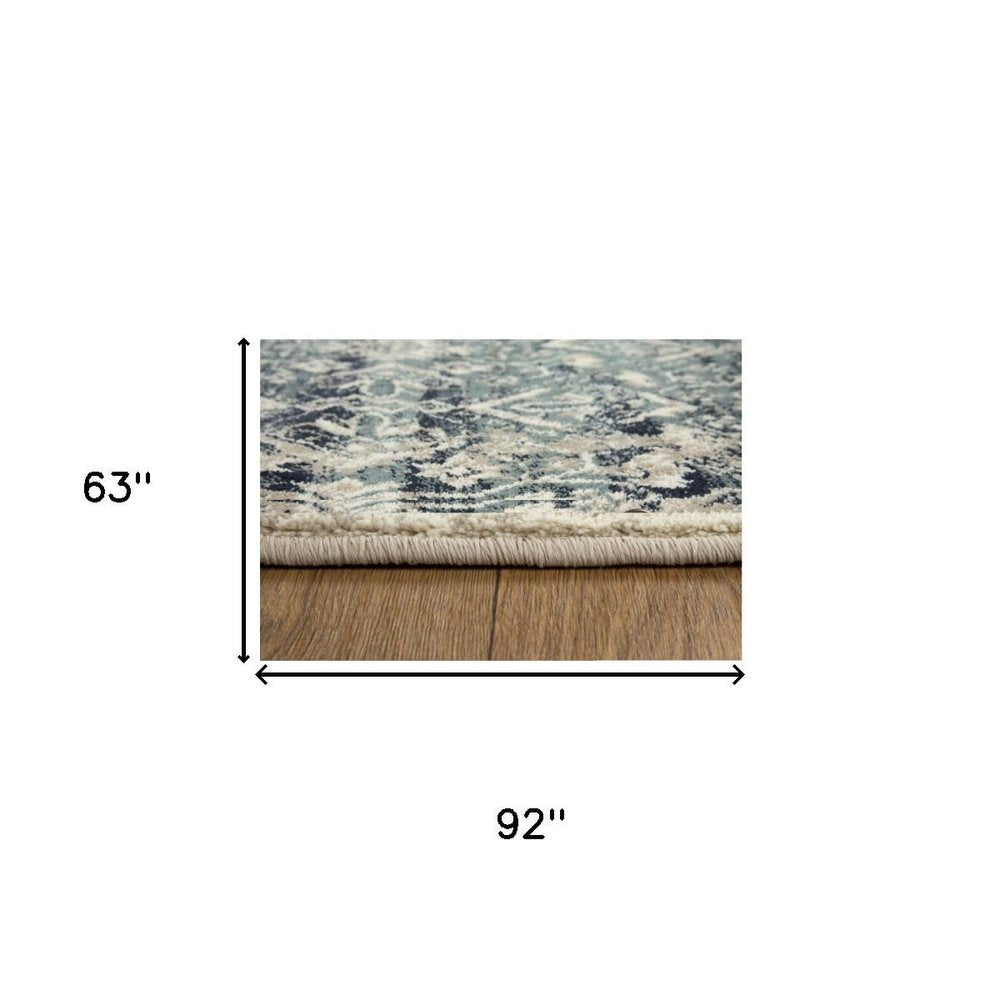 5' X 8' Ivory and Blue Oriental Area Rug