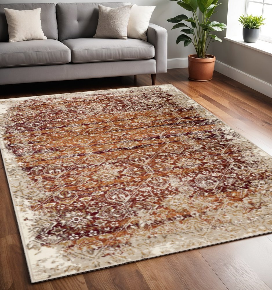 5' X 8' Rust And Ivory Oriental Area Rug