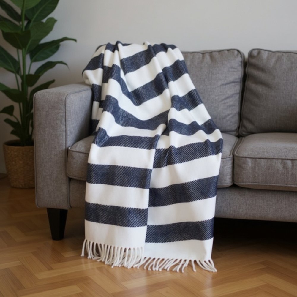 55" X 70" Cream Striped Cotton Plush Throw Blanket