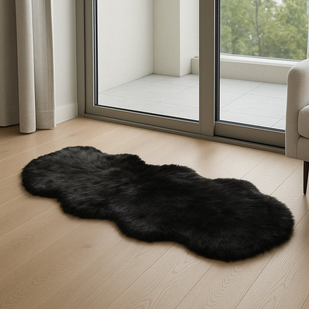 2' X 6' Black Faux Fur Washable Non Skid Area Rug