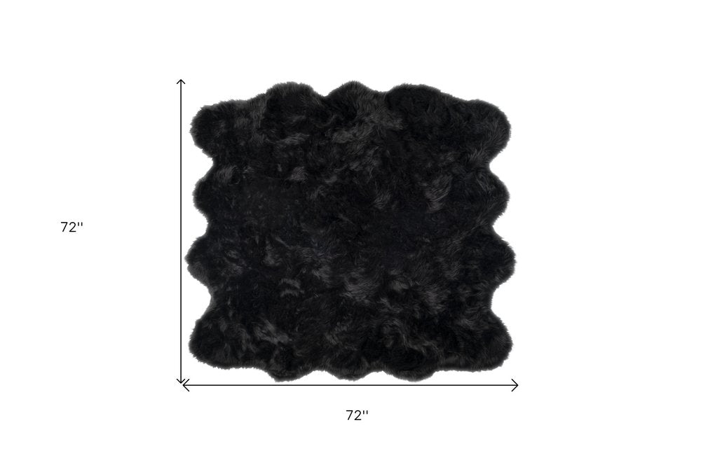 6' X 6' Black Faux Fur Washable Non Skid Area Rug