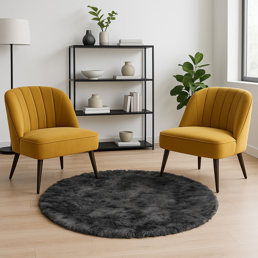 6' X 6' Grey Round Faux Fur Washable Non Skid Area Rug