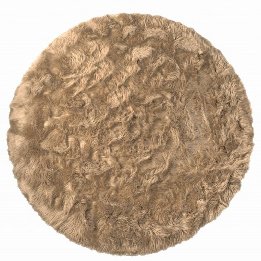 6' X 6' Tan Round Faux Fur Washable Non Skid Area Rug