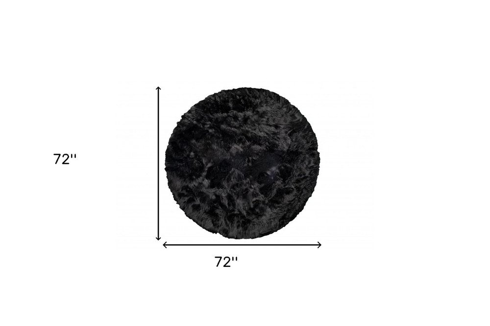 6' X 6' Black Round Faux Fur Washable Non Skid Area Rug
