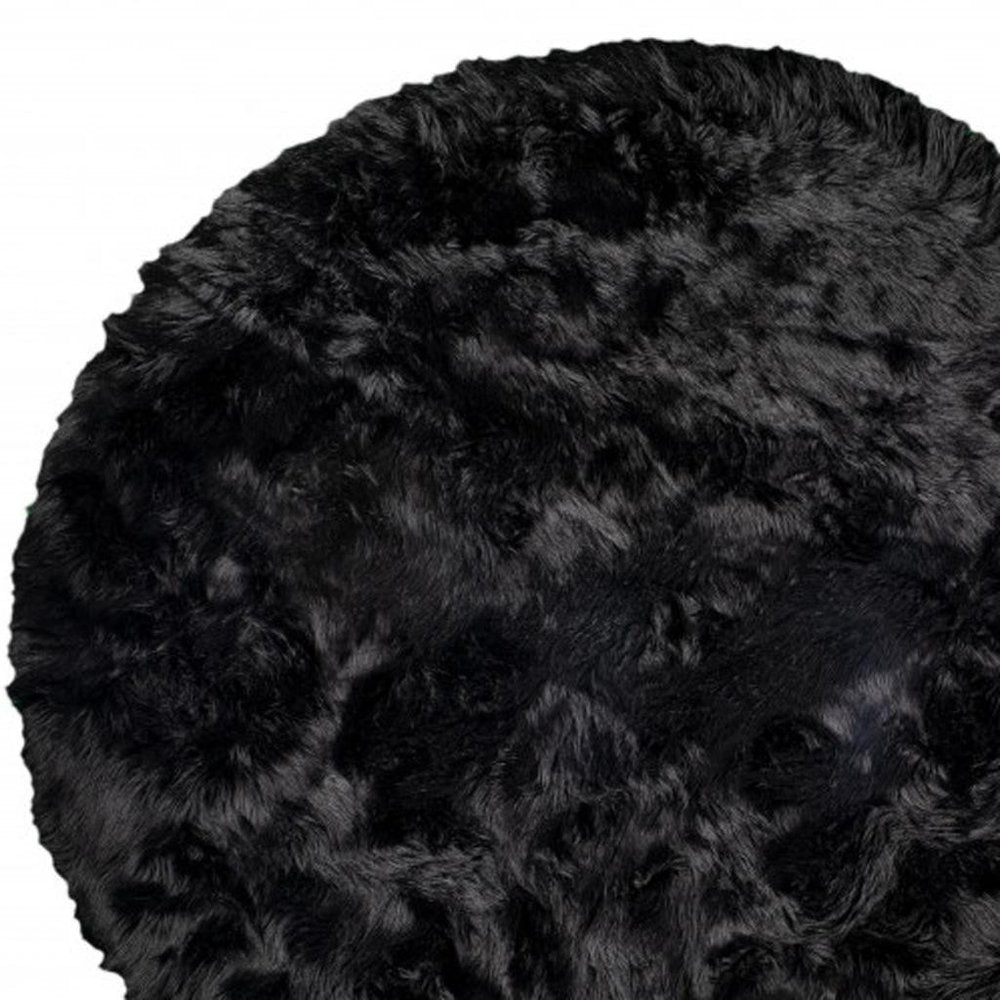 6' X 6' Black Round Faux Fur Washable Non Skid Area Rug