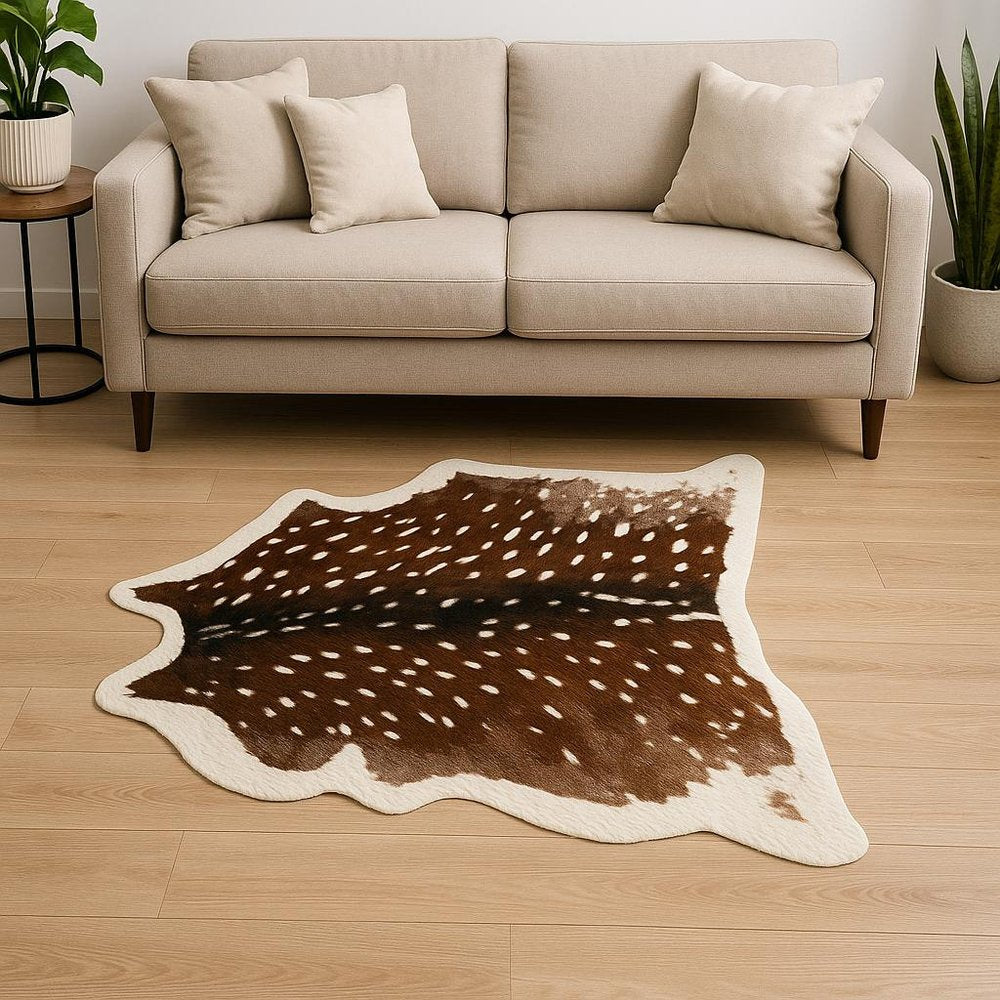 4' X 5' Brown And Off White Faux Cowhide Animal Print Washable Area Rug
