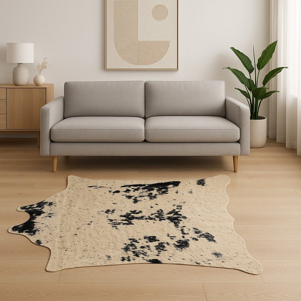 5' X 8' Off White Black and Gold Faux Cowhide Washable Area Rug