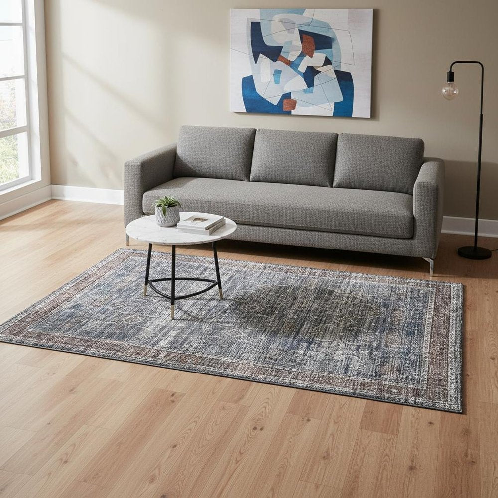 5' X 8' Blue Oriental Distressed Stain Resistant Area Rug