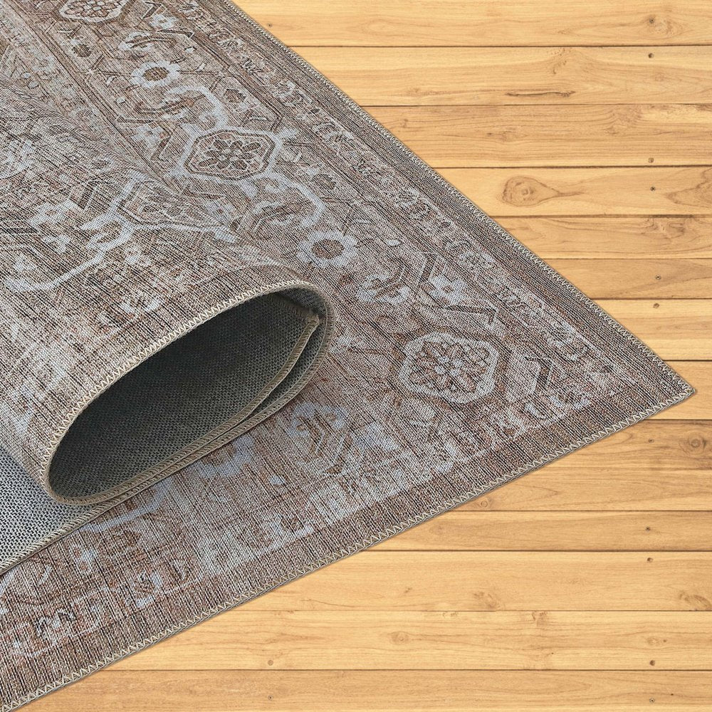 5' X 8' Beige Oriental Power Loom Distressed Stain Resistant Area Rug