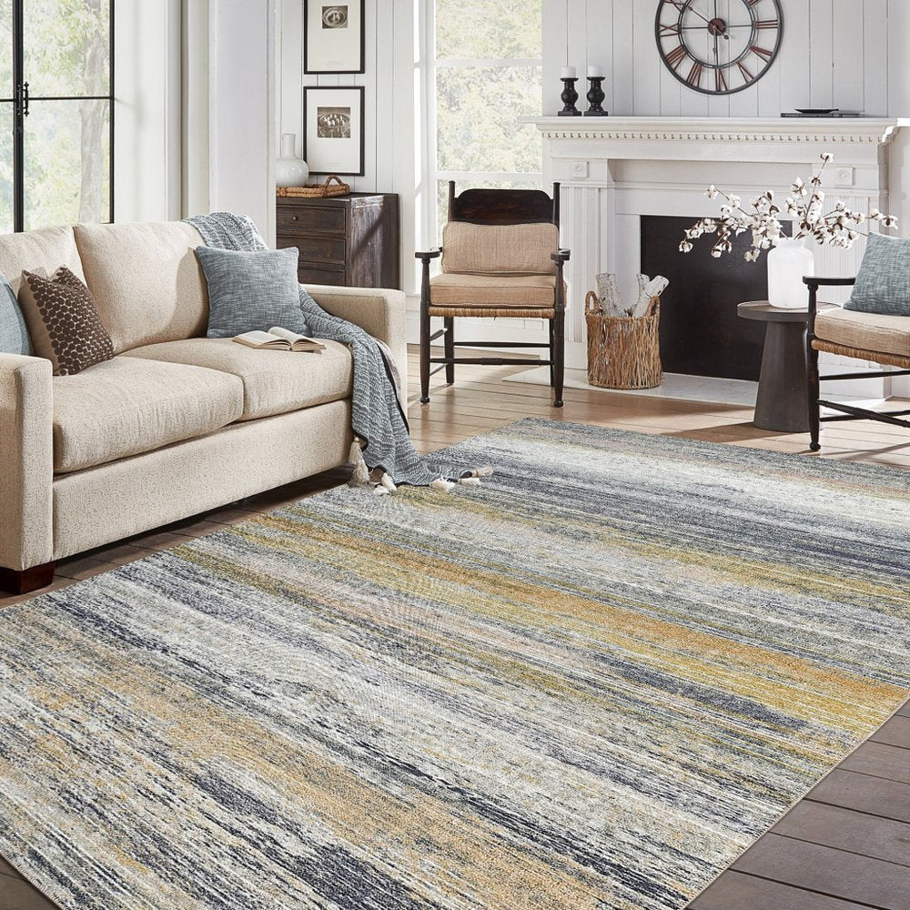 4' X 6' Blue Ivory and Gold Abstract Power Loom Area Rug