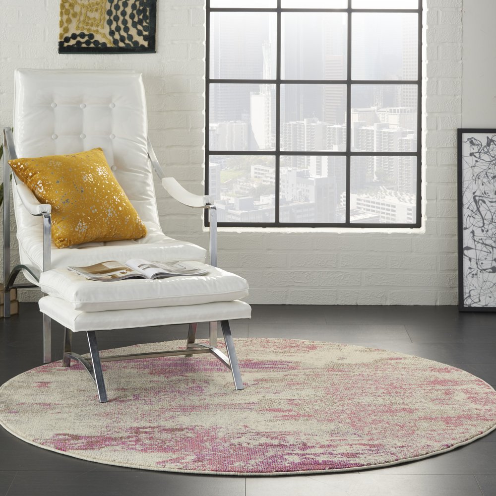 4' X 4' Ivory And Pink Round Abstract Power Loom Non Skid Area Rug