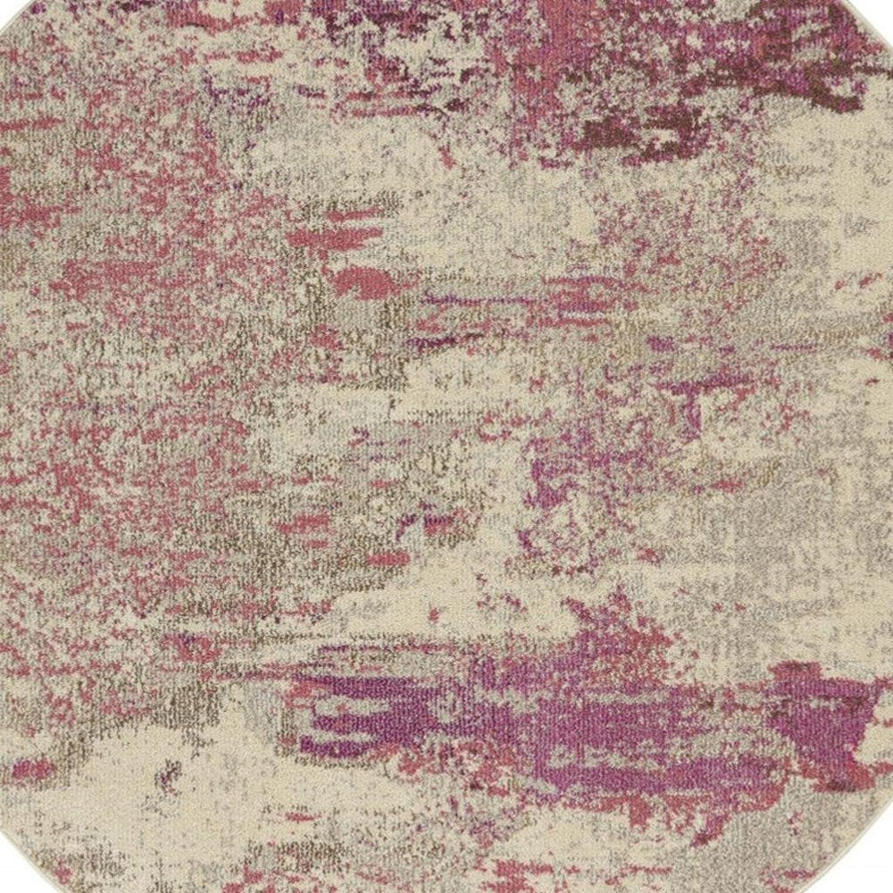 5' X 5' Ivory And Pink Round Abstract Power Loom Non Skid Area Rug