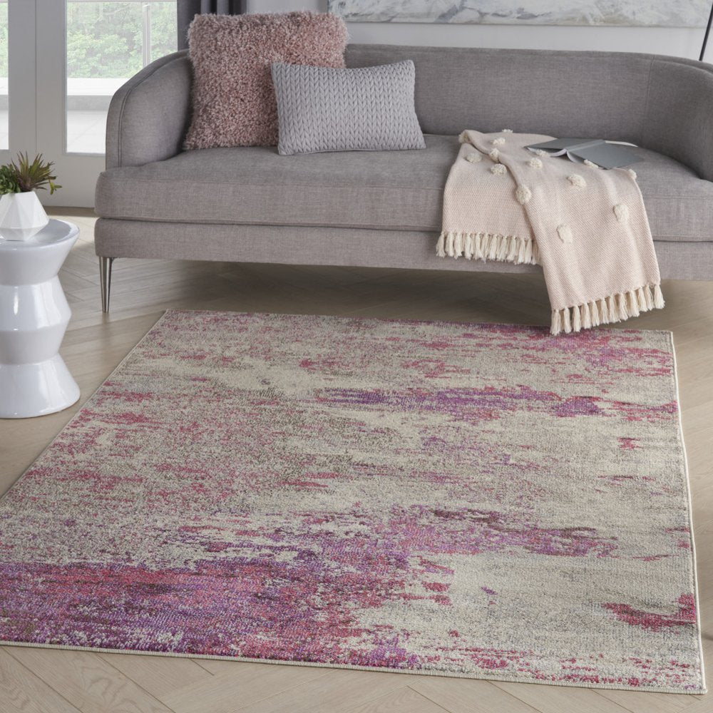 5' X 7' Ivory And Pink Abstract Power Loom Non Skid Area Rug