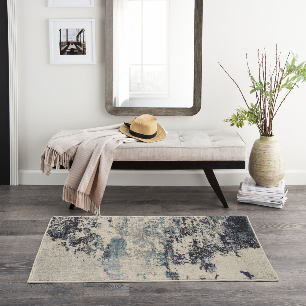 2' X 4' Ivory And Teal Blue Abstract Power Loom Non Skid Area Rug