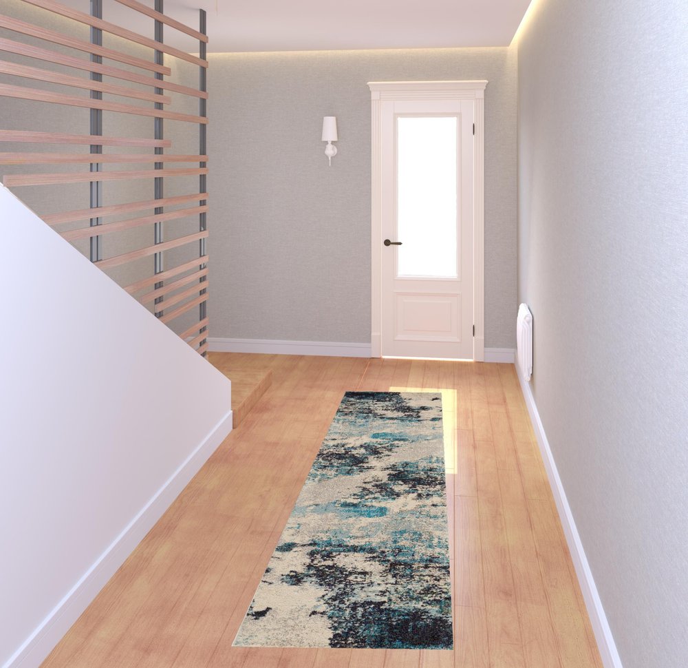 2' X 8' Ivory And Teal Blue Abstract Power Loom Non Skid Runner Rug