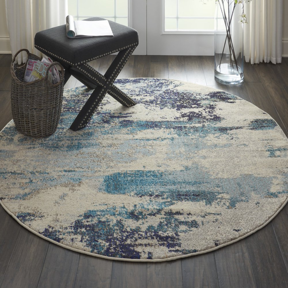 4' X 4' Ivory And Teal Blue Round Abstract Power Loom Non Skid Area Rug