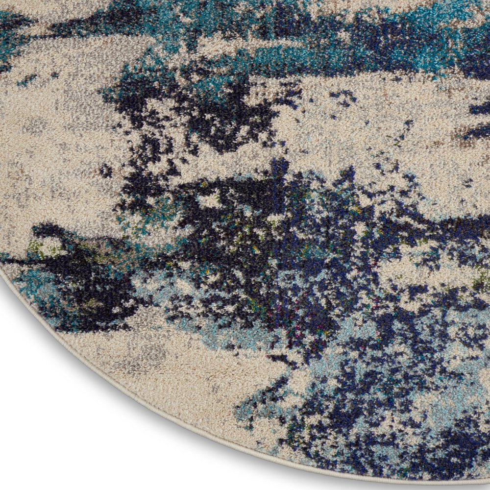 5' X 5' Ivory And Teal Blue Round Abstract Power Loom Non Skid Area Rug