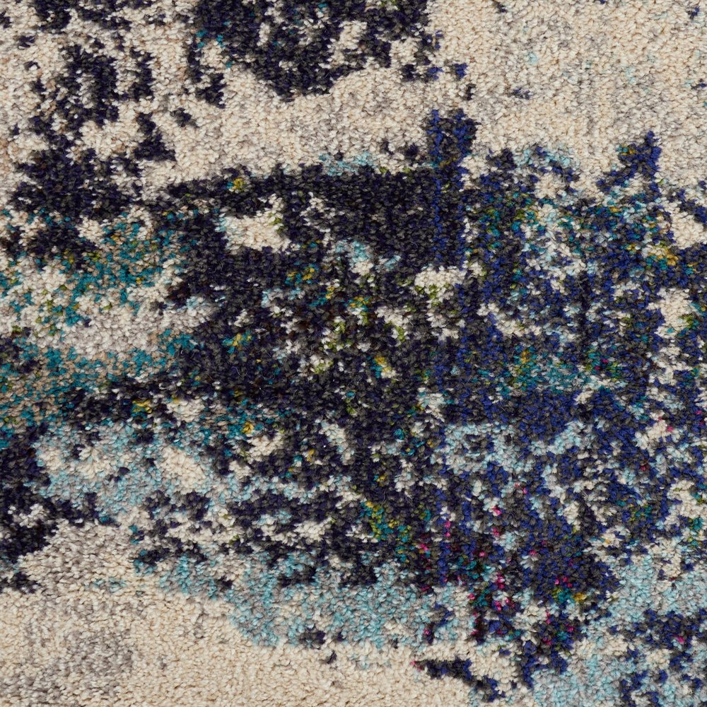 8' X 8' Ivory And Teal Blue Round Abstract Power Loom Non Skid Area Rug