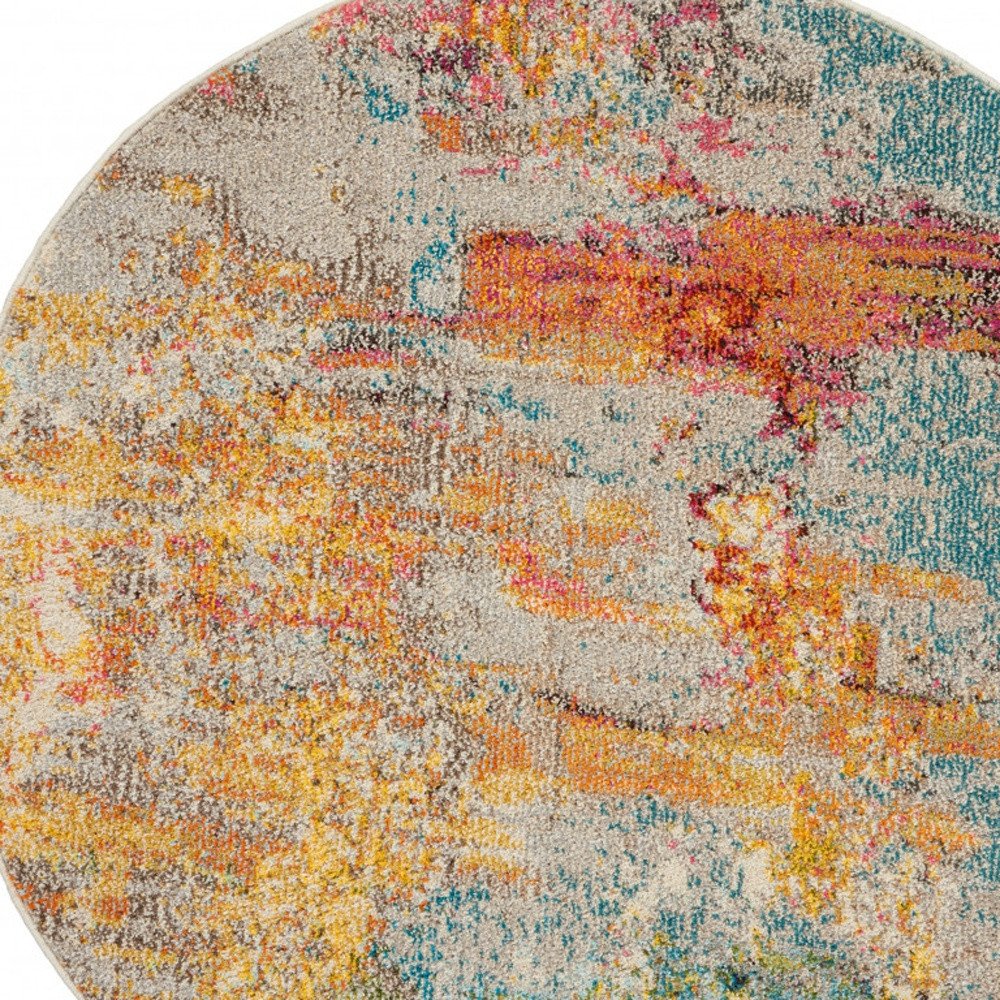 4' Blue And Ivory Abstract Round Rug