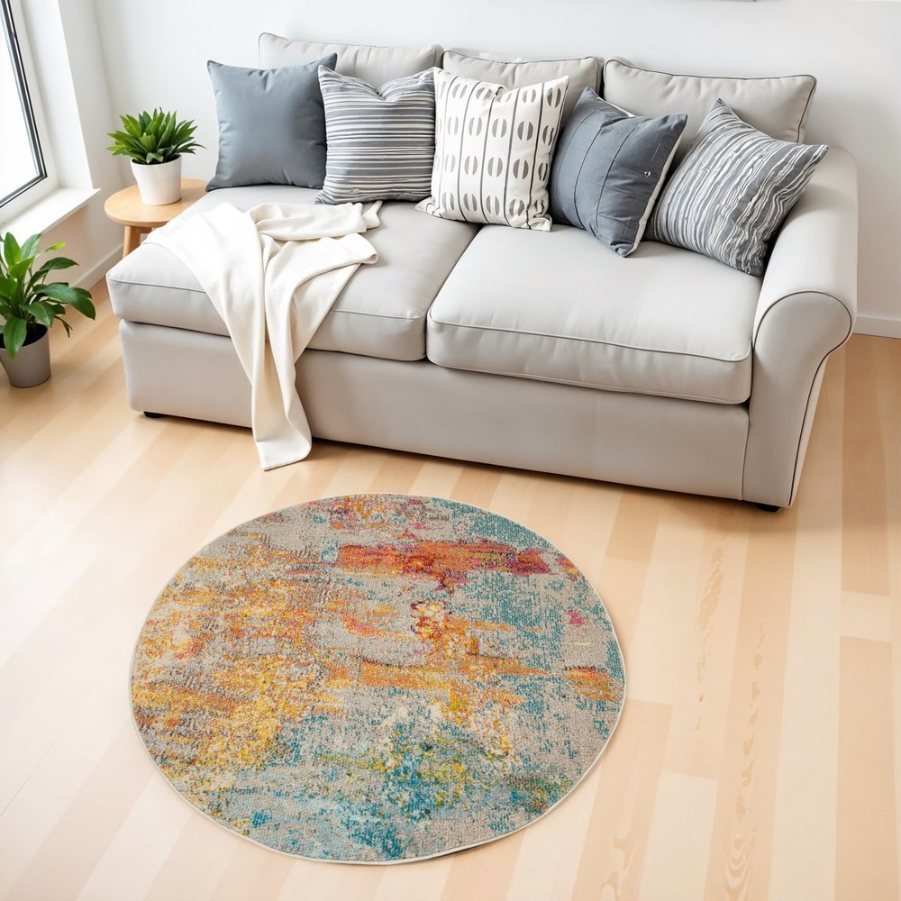 4' Blue And Ivory Abstract Round Rug