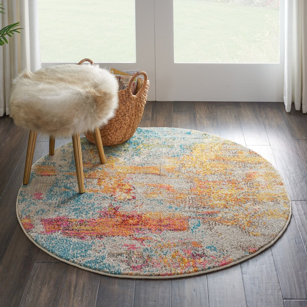 4' Blue And Ivory Abstract Round Rug