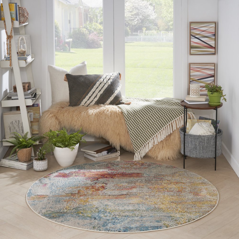 5' X 5' Sealife Round Abstract Power Loom Non Skid Area Rug