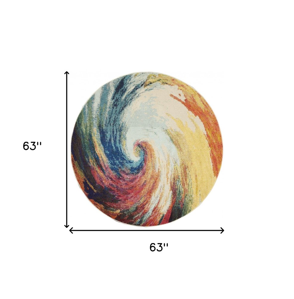 5' Yellow And Ivory Abstract Round Rug