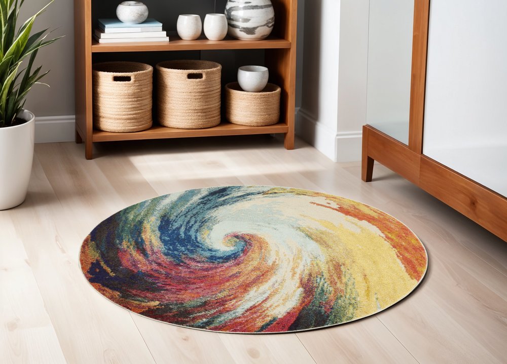 5' Yellow And Ivory Abstract Round Rug