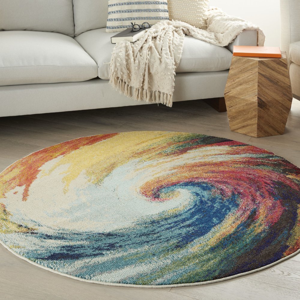 5' Yellow And Ivory Abstract Round Rug