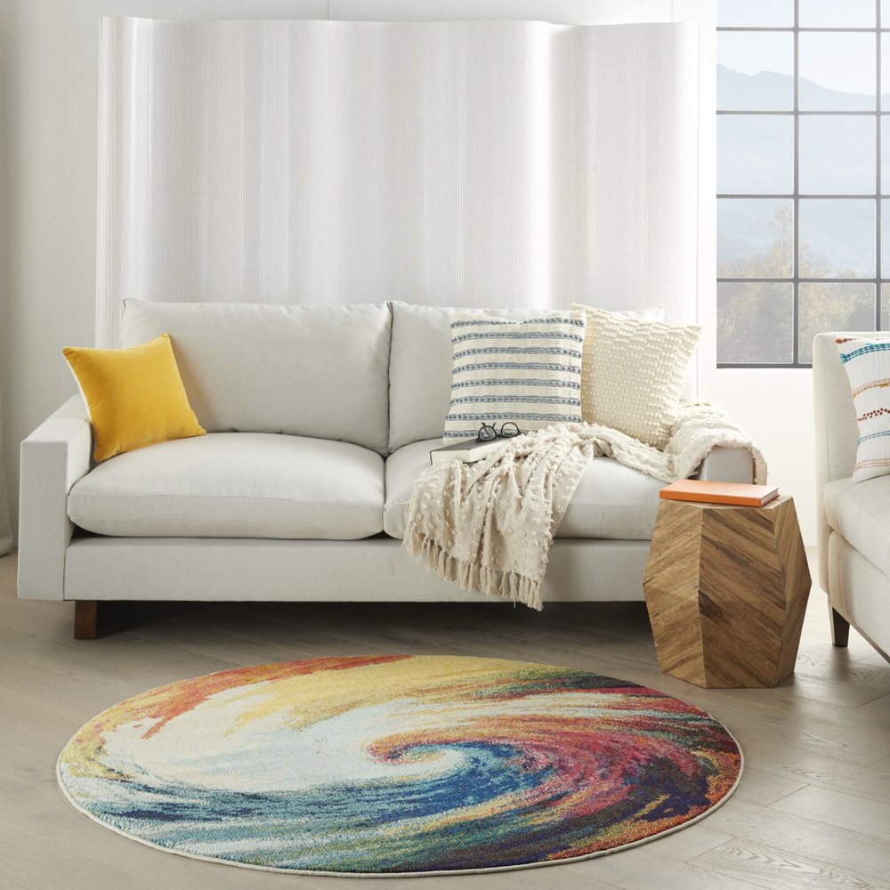 5' Yellow And Ivory Abstract Round Rug