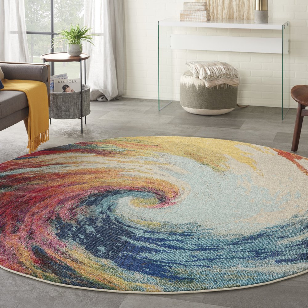 8' X 8' Wave Round Abstract Power Loom Non Skid Area Rug