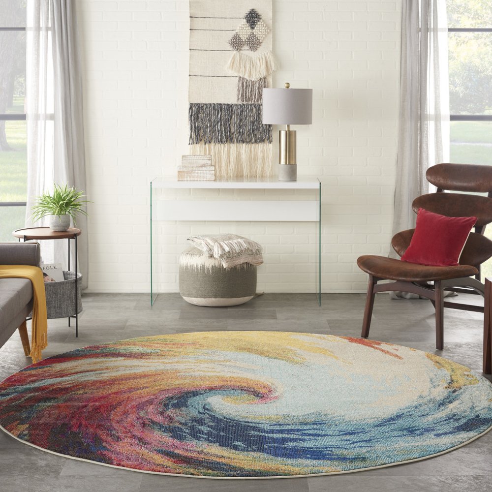 8' X 8' Wave Round Abstract Power Loom Non Skid Area Rug