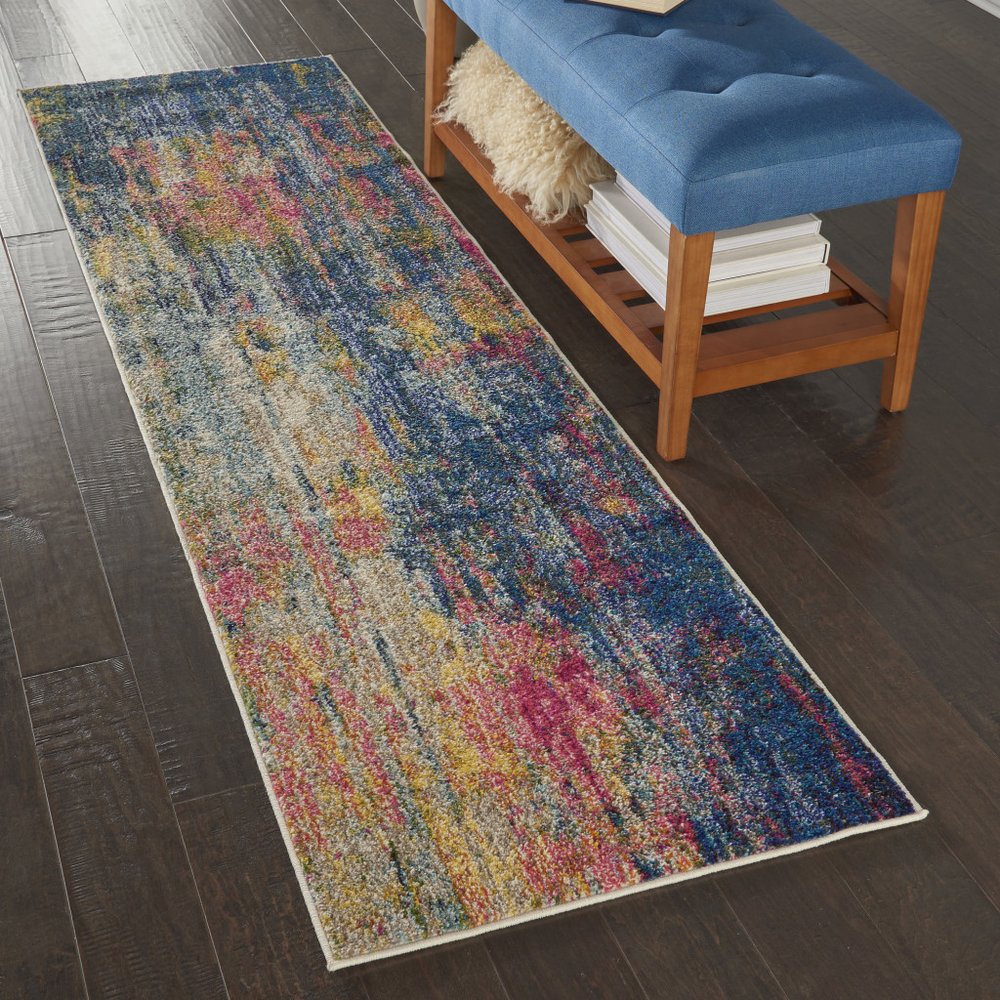 2' X 8' Blue And Yellow Abstract Power Loom Non Skid Runner Rug