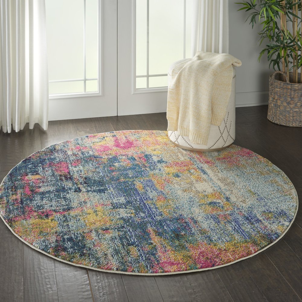 4' Blue And Yellow Abstract Round Rug