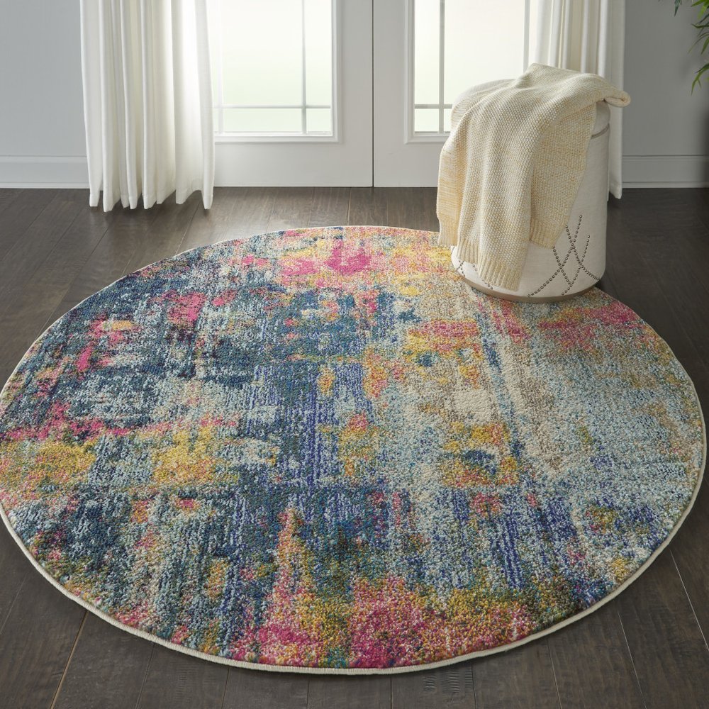 5' X 5' Blue And Yellow Round Abstract Power Loom Non Skid Area Rug