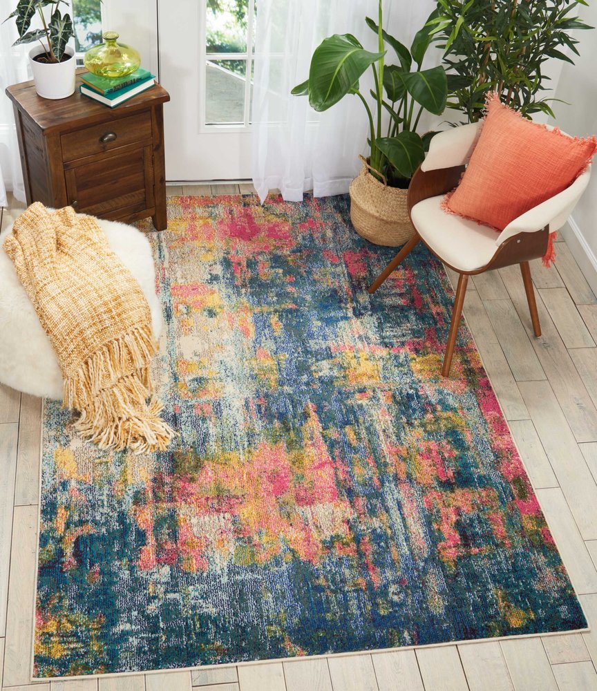 5' X 7' Blue And Yellow Abstract Power Loom Non Skid Area Rug