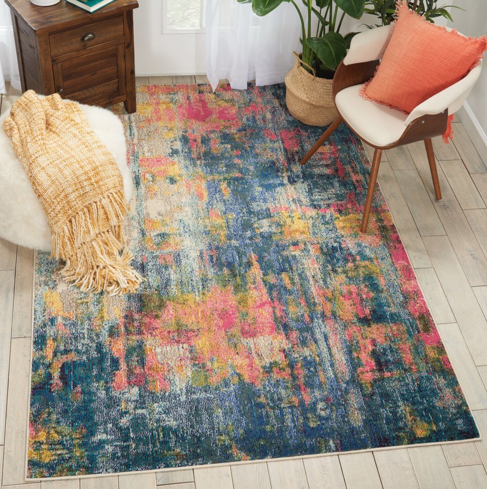 5' X 7' Blue And Yellow Abstract Power Loom Non Skid Area Rug