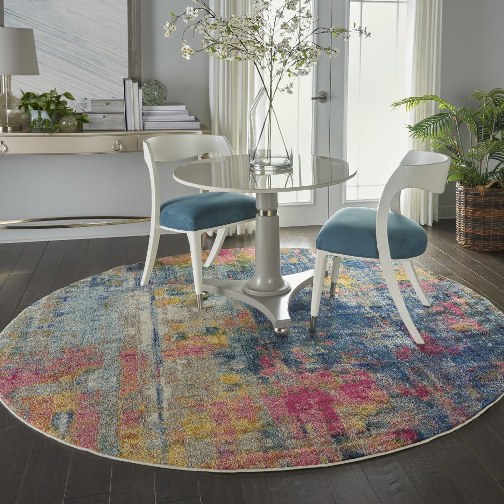 8' X 8' Blue And Yellow Round Abstract Power Loom Non Skid Area Rug