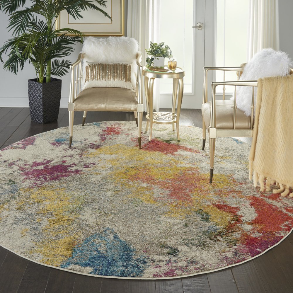 8' X 8' Ivory Round Abstract Power Loom Non Skid Area Rug