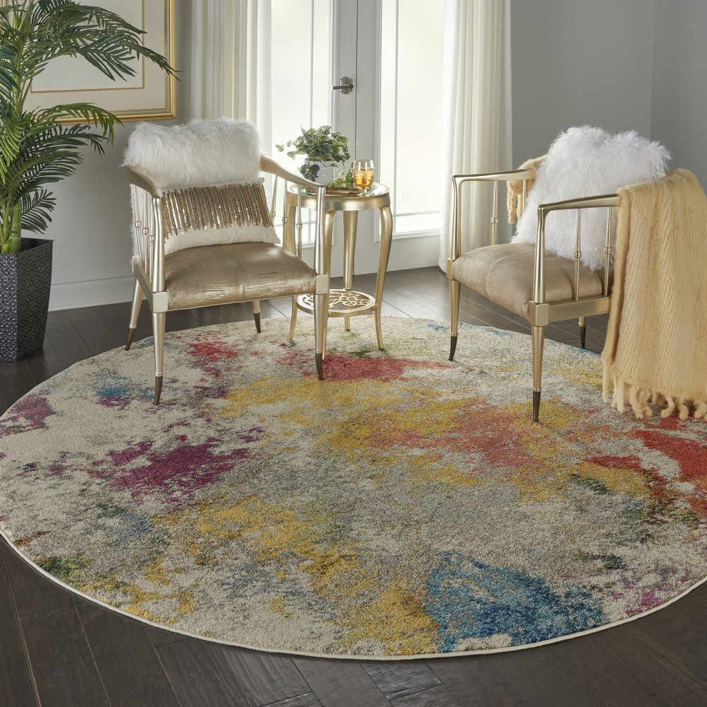 8' X 8' Ivory Round Abstract Power Loom Non Skid Area Rug