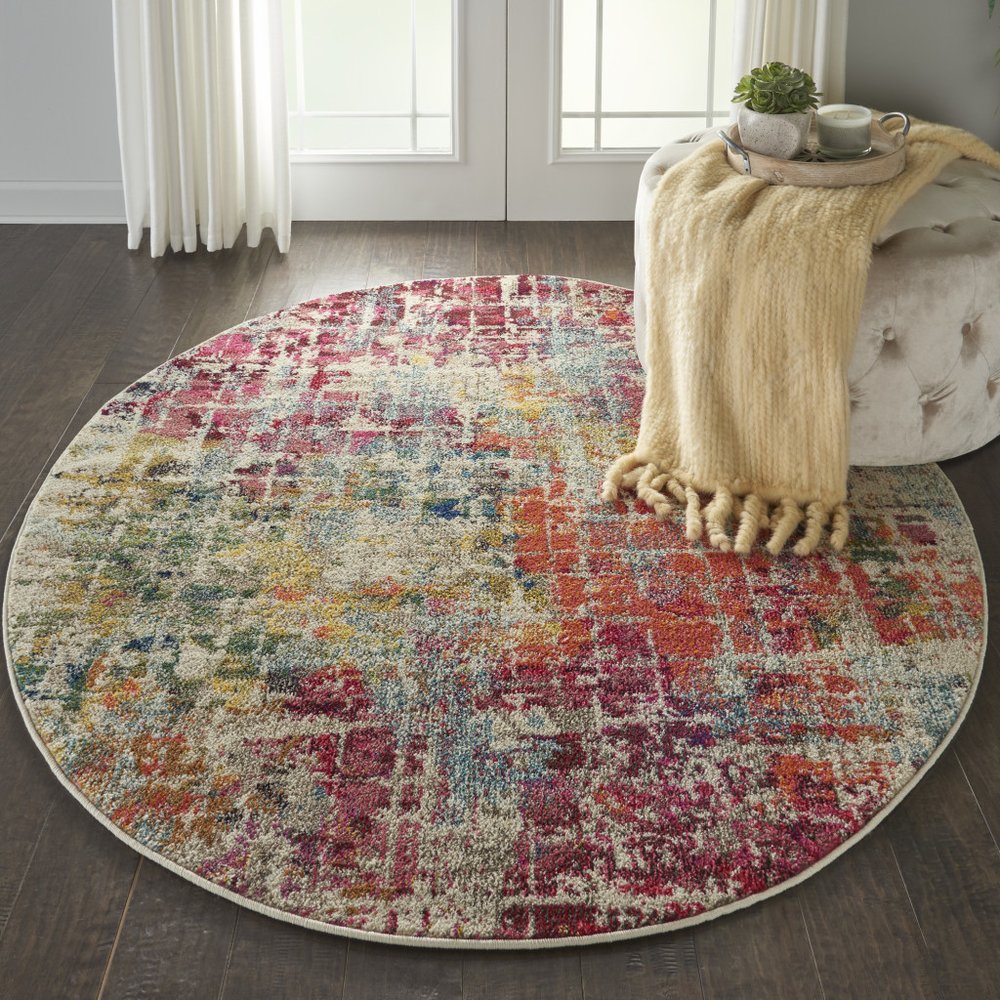 5' X 5' Pink Round Abstract Power Loom Distressed Non Skid Area Rug