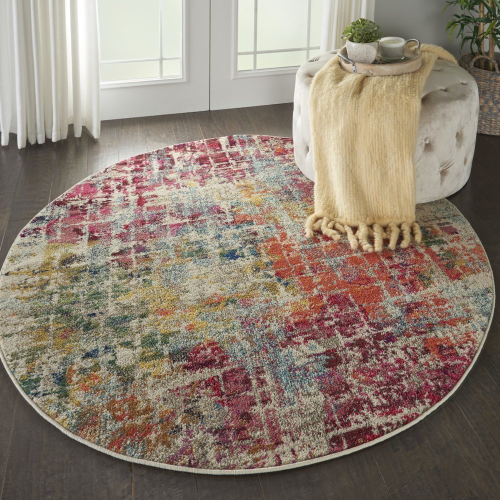 5' X 5' Pink Round Abstract Power Loom Distressed Non Skid Area Rug