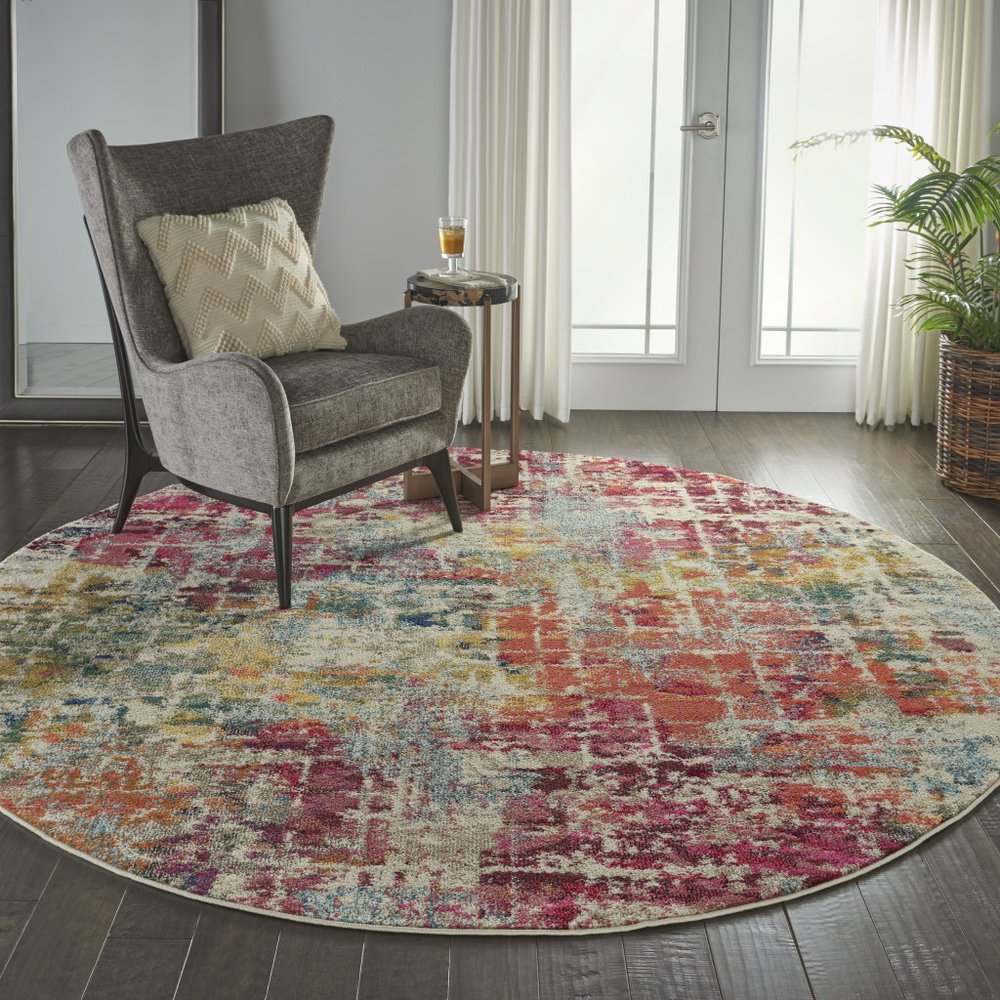 8' X 8' Pink Round Abstract Power Loom Distressed Non Skid Area Rug